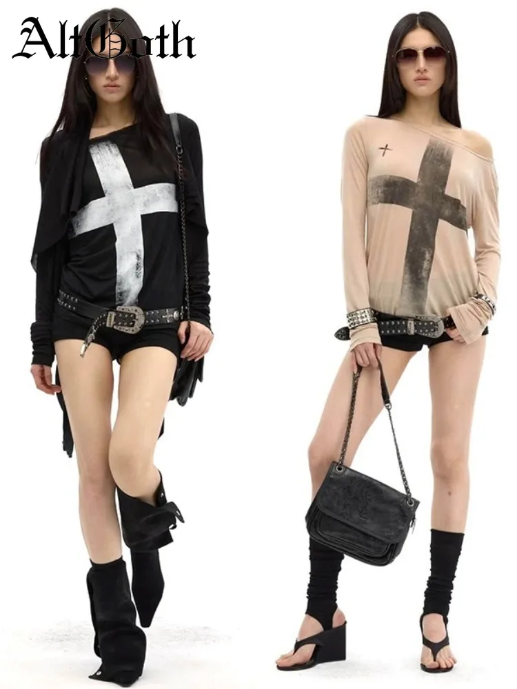 

AltGoth dark gothic loose t-shirt women vintage cyber punk y2k e-girl harajuku streetwear cross print long sleeve tee top female