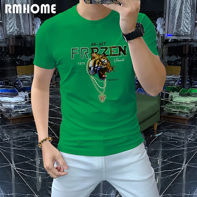 Men\'s Short Sleeved T-shirt Mercerized Cotton Sequin Gold Necklace Tiger Head Male Tees Summer New Style European Fashion Tops