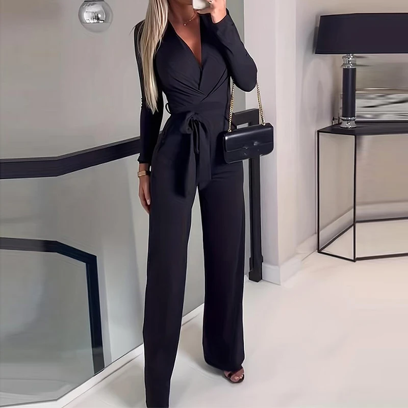 Casual Women's Long Sleeved Solid Color Commuting Playsuit Casual Street Straight Romper Vintage V Neck Tie Up Autumn Jumpsuit