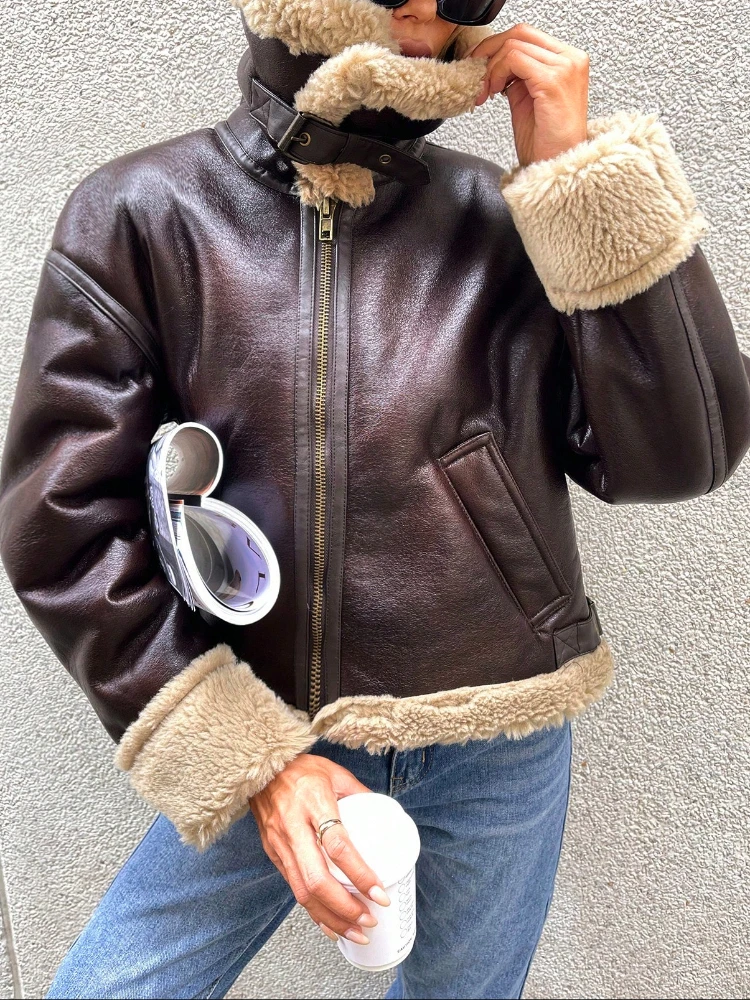 Fitaylor Winter Women Faux Fur Leather Jacket High Street Motorcycle Outwear Casual Lady Thick Warm Leather Jacket