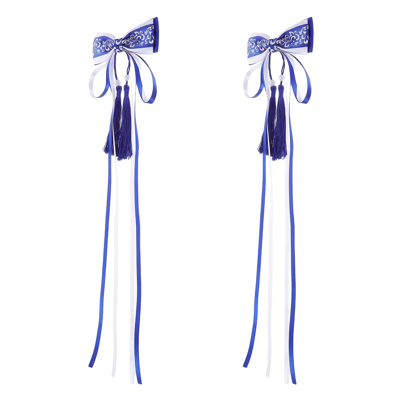 2Pcs Large Blue Bow Hair Clips Tassel Ribbon Hairpins Chinese Traditional Hanfu Hair Accessories Vintage Style for Women
