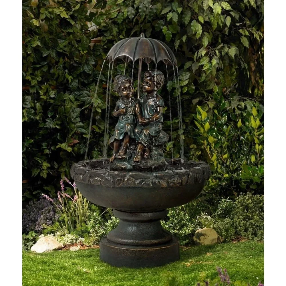 

Boy and Girl Under Umbrella Outdoor Floor Water Fountain 40" High Copper Green Bronze Resin for Garden Patio Yard Deck Home