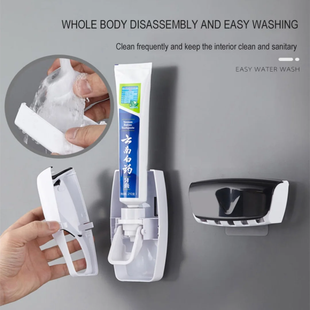 2Pcs/Set Toothbrush Holder+Automatic Toothpaste Dispenser Wall-Mounted Toothpaste Squeezer Bathroom Dust-proof Toothbrush Rack