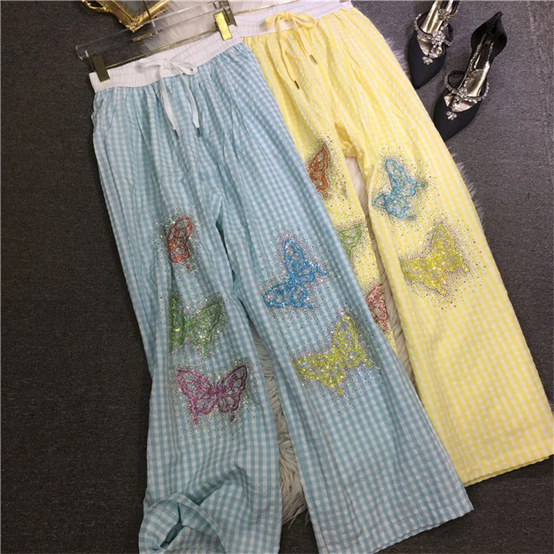 เพชรเจาะกางเกงผู้หญิงลดอายุผีเสื้อลายสก๊อตขาตรงเอวกางเกงขากว้างผ้าฝ้ายฤดูร้อนกางเกงบาง