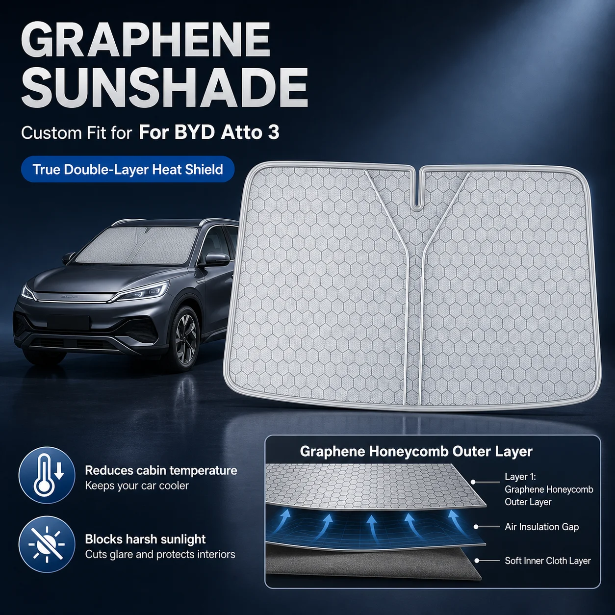 For BYD Atto 3 Graphene Windshield Sunshade Custom Fit Car Sunshade UV Sun Protection Car Interior Accessories