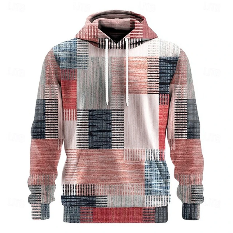 Men's Stylish Autumn Winter Hoodie Long-Sleeve Pullover with Vintage-Style Distressed Plaid Print and Panel Detailing Loose Fit