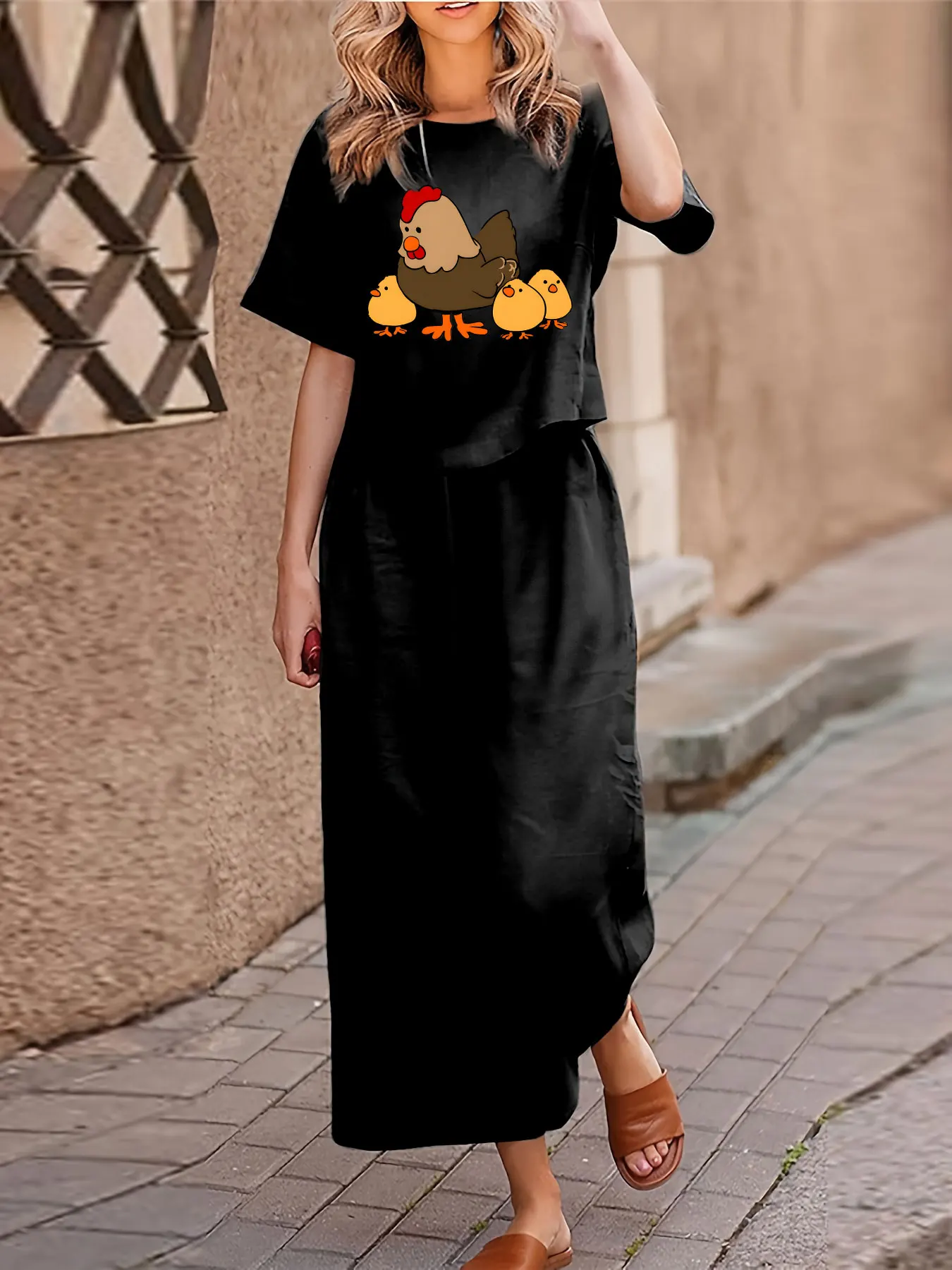 Conjunto informal de dos piezas de talla grande para mujer, traje estampado, camiseta de manga corta, pantalones, conjunto de dos piezas con cuello redondo holgado