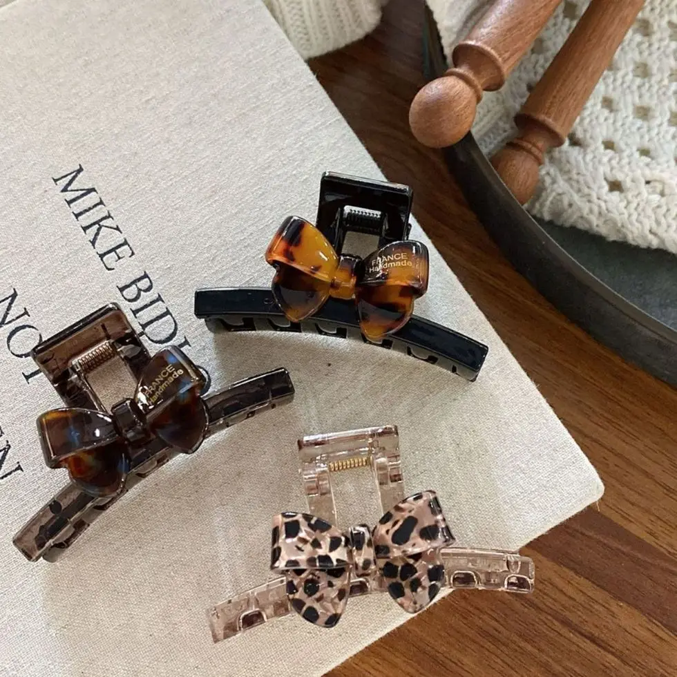 Korean Autumn Winter New Hair Claw Leopard Print Bowknots Claw Clips French Style Vintage Fashion Shark Clips For Women Girls