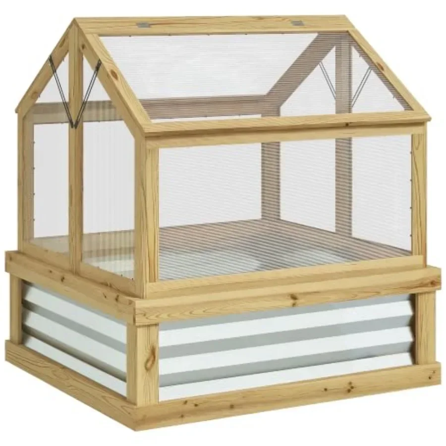 Wooden Raised Garden Bed with Polycarbonate Greenhouse for outdoor gardening, natural wood color, durable and weather-resistant