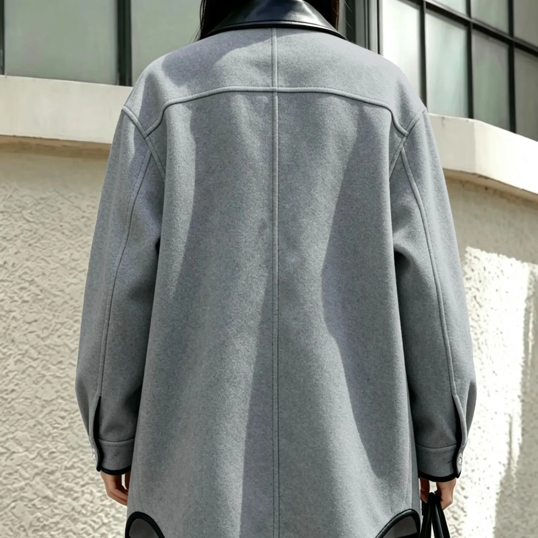 Women Korean Style Grey Faux Leather Lapel Spliced Mid Length Double Faced Wool Coat, Loose Oversized Button Woolen Jacket