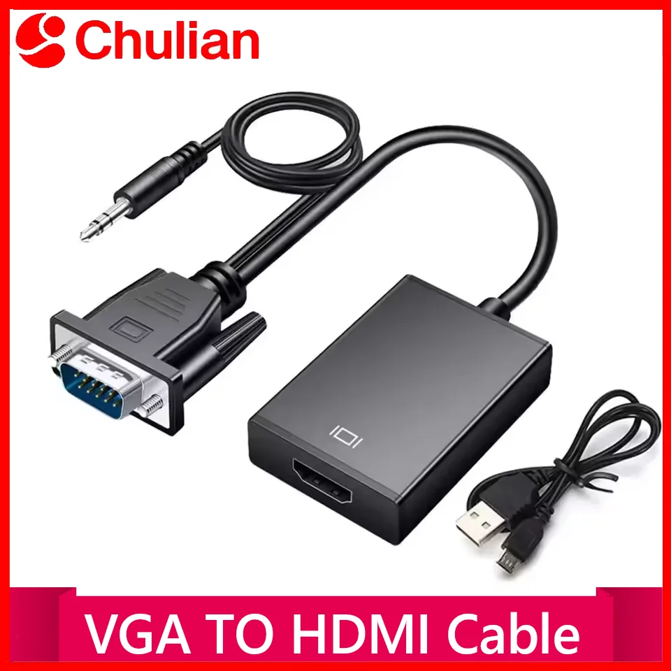 HD 1080P VGA to HDMI-Compatible Converter VGA Adapter with 3.5mm Audio Video Cable VGA Input HDTV Output for Laptop TV Projector
