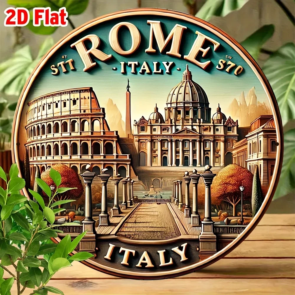 Rome Italy Cityscape Decorative Round Tin Plaque, 1pc 2D Flat Embossed Look Travel Souvenir Metal Sign, 20x20 Cafe Bar Wall Art