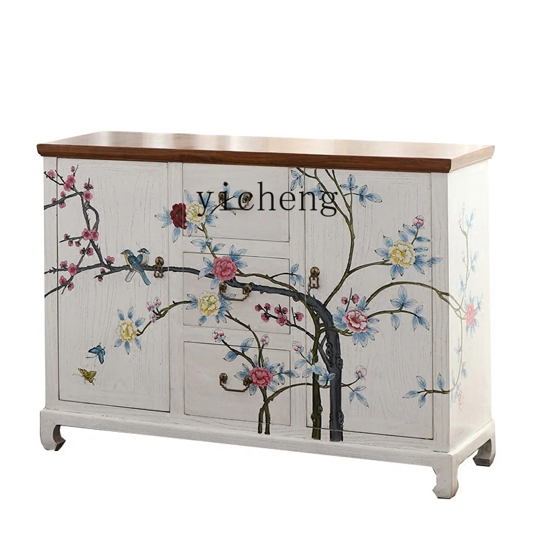 Tqh New Classical Chinese Painted Hallway Cabinet Solid Wood Antique Hand Painted Sideboard Cabinet