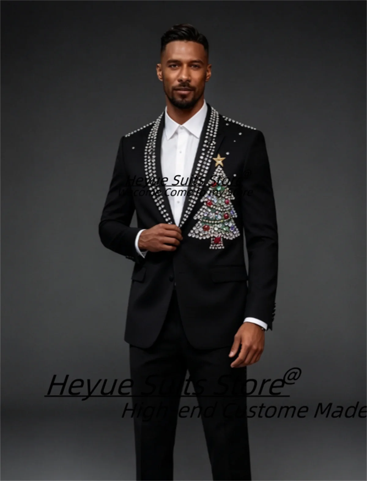 Shiny Black Men Suit Customized Slim Fit Handmade Christmas Tree Colorful Rhinestone Decoration Holiday Formal Party Ropa Hombre