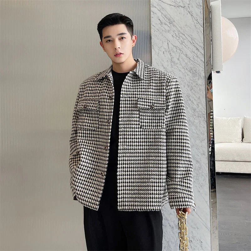 Men's Fashion Casual Plaid Tweed Jacket Male 2022 New Loose Lapel Single Breasted Long Sleeve Oversized Coat Spring Winter