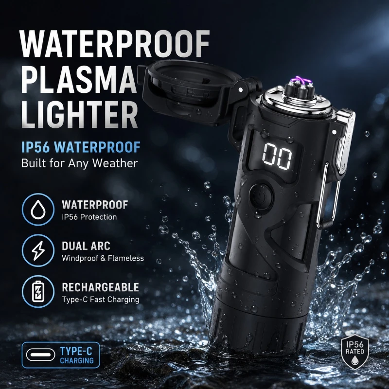 Dual Arc USB Lighter Windproof Outdoor Flashlight Multifunctional Survival Tool Portable Plasma Ignition Strong Light Pulse Tool
