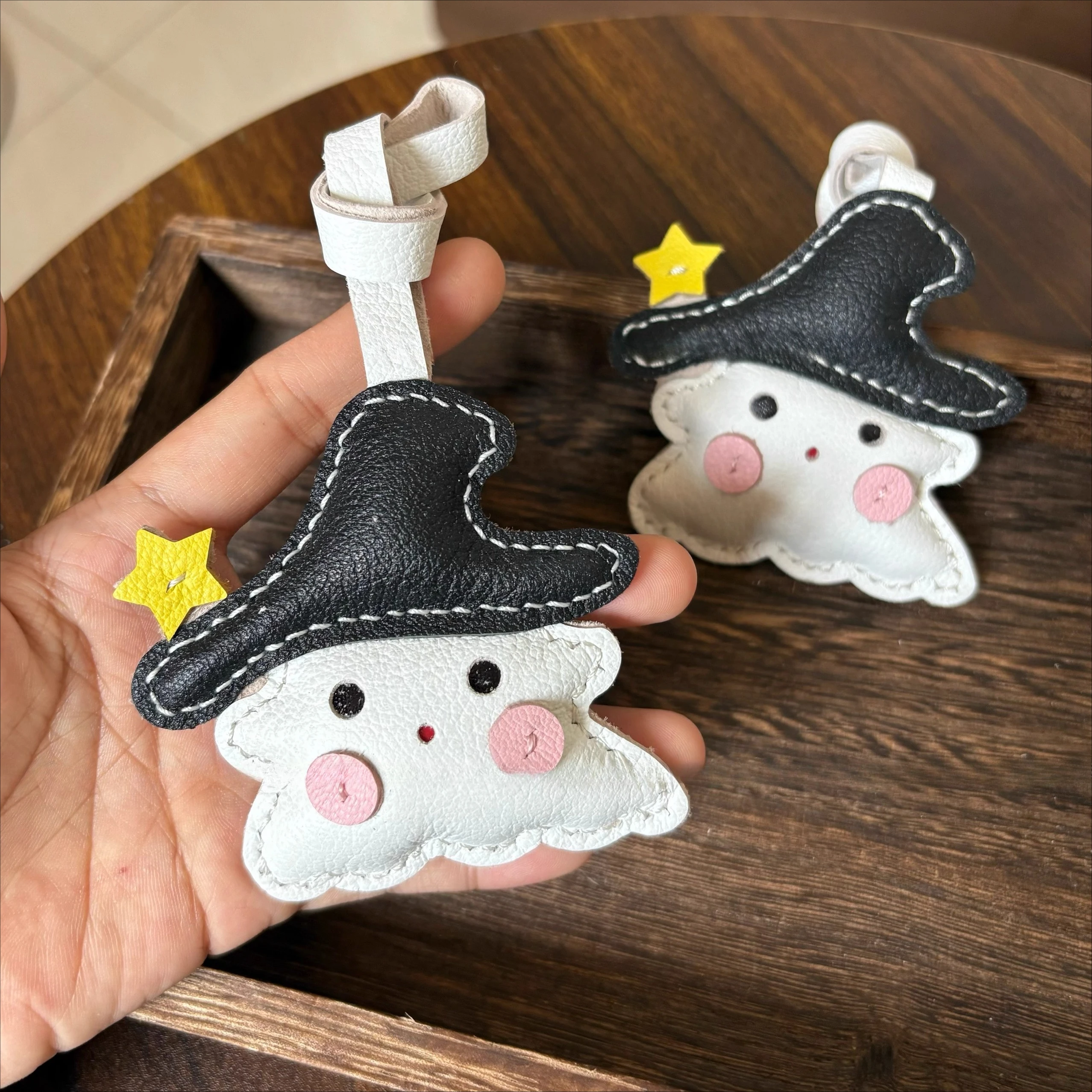 

Leather cute ghost bag pendant handmade little devil bag pet backpack charm small cloud elf ornament Vintage cute beautiful gift