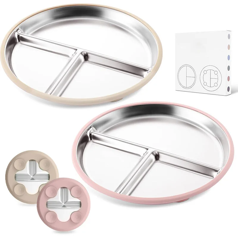 

Разделенная тарелка из нержавеющей стали с силиконовой присоской, нескользящая термостойкая пищевая тарелка