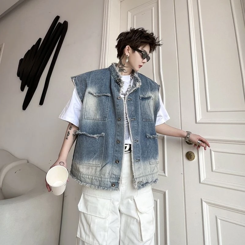 

Men's Summer Korean Style Denim Vest with Frayed Edges Vintage Washed Distressed Design Fashionable Streetwear Outerwear