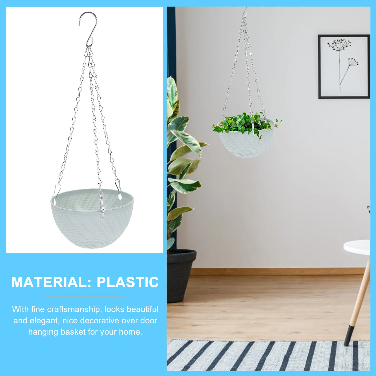 Hanging Planter Basket Light Blue Heavy Duty PP Plastic with Reinforced Metal Chains Waterproof Lining Indoor Outdoor Plant