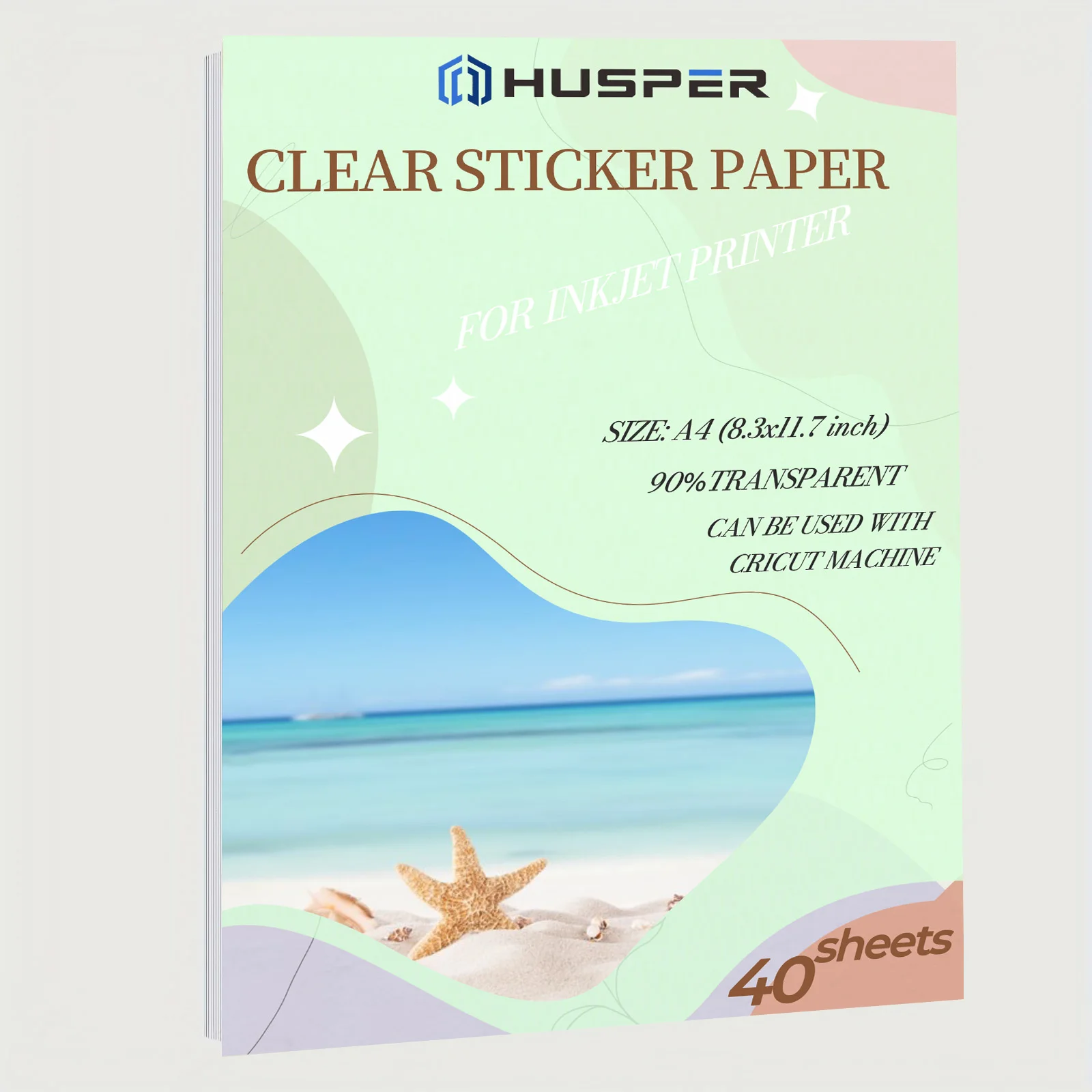 

HUSPER 8,3 × 11,7 дюйма, 40 листов, виниловая наклейка для печати, прозрачная, не водонепроницаемая бумага для наклеек для струйного принтера