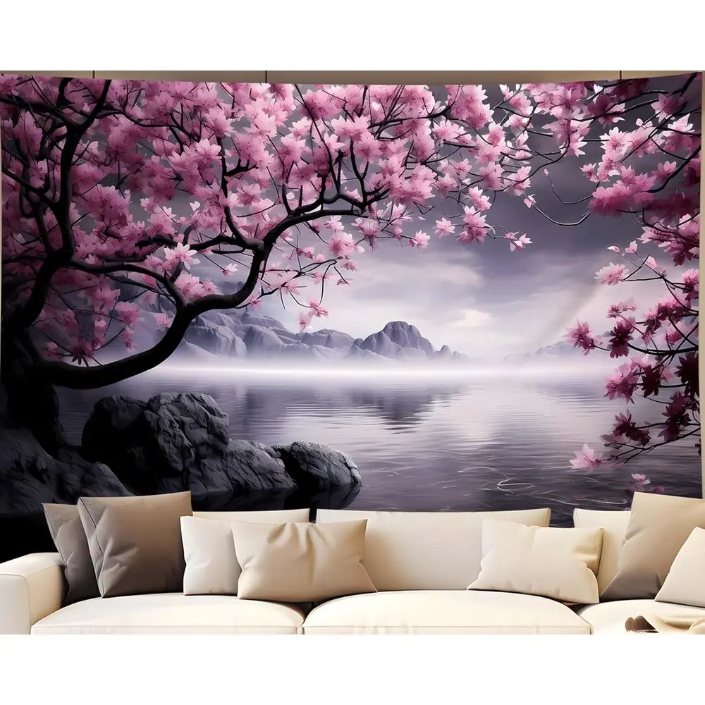 

Настенный гобелен QGHOT с японскими цветами сакуры, азиатским аниме, природными горами, успокаивающим изображением озера и океана, для спальни