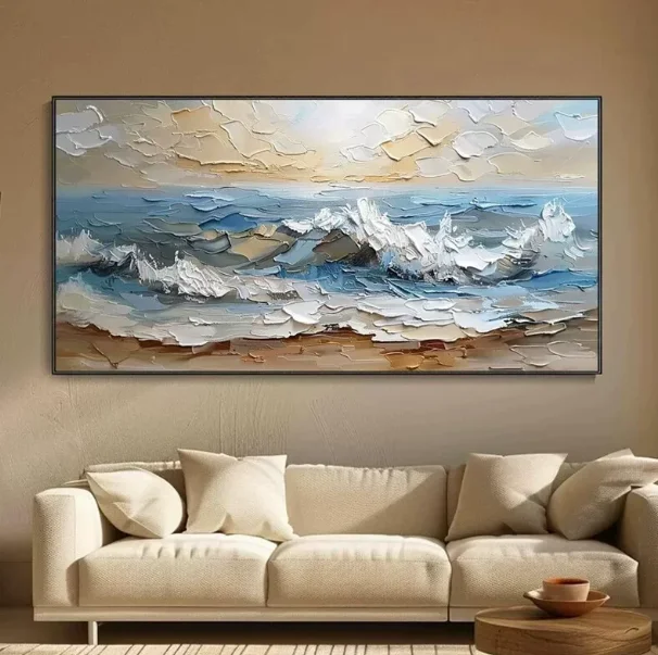 #Wave Scenery Living Room Sofa Background Wall Hanging Modern Thick Texture Stereo Banner Pure Hand-Painted Oil Painting Canvas