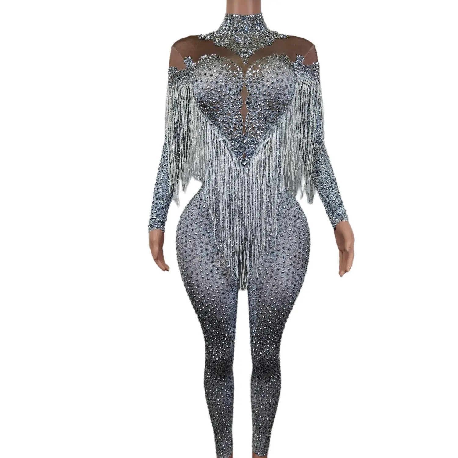 Shinny Kristalle Overall hell silberne Strass Quaste Bodysuit Frauen feiern luxuriöse Kostüm Stretch Overall Yiwan