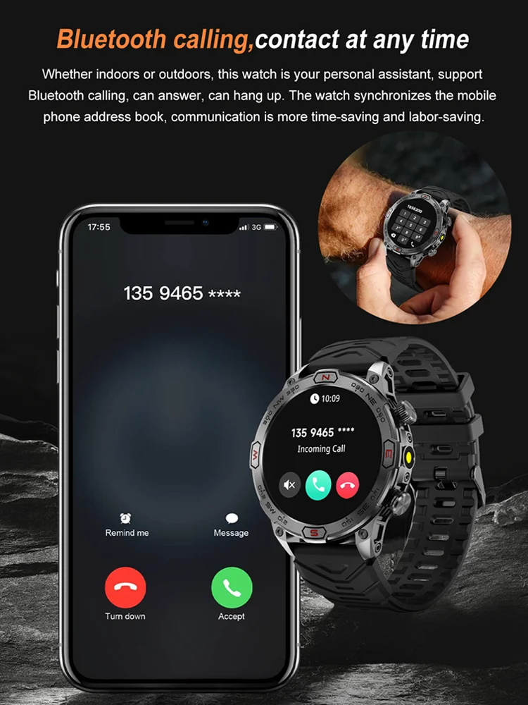 مالك الوقت 2025 ساعة ذكية جديدة الرياضة في الهواء الطلق العسكرية 1.43 "الرا HD عرض البوصلة جعل/استقبال المكالمات الهاتفية Smartwatch