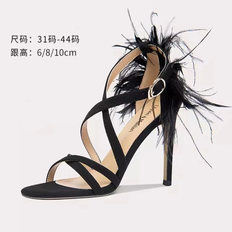 Summer New Round Toe Open Toe Suede Cross Feather Sandals with Thin High Heels Banquet Dress Large and Small Women's Shoes