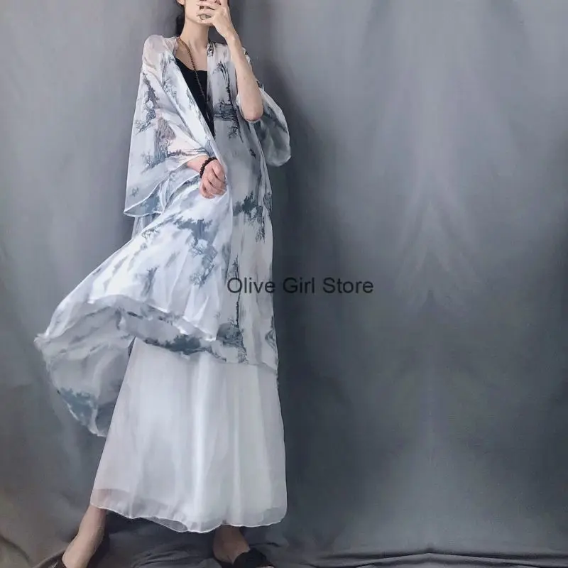 Retro Cardigan Elegant Buttonless Sun Protection Large Coat Ink Painting Loose Wide Sleeved Chiffon Elegant Light Thin Cardigan