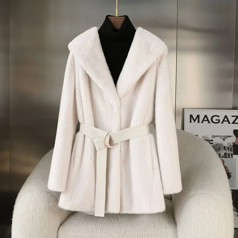 Winter Women's Pure Color Mid-length Fur Fashion Hooded Commuting Thick and Warm Coat with Thick Warm Artificial Fur Mink Coat