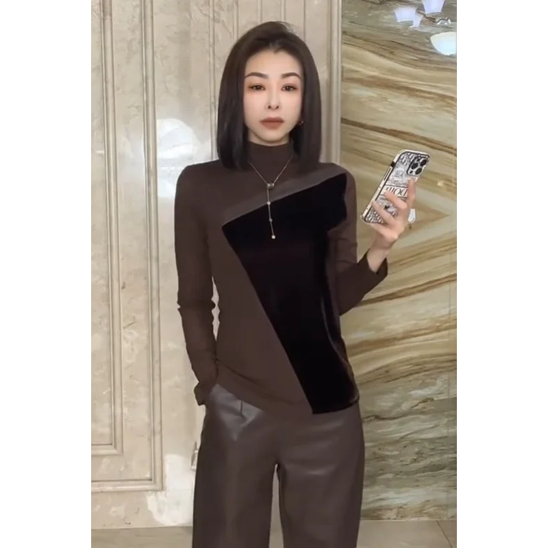 High Collar Autumn and Winter New Double-layer Mesh Spliced Velvet Leather Strips Irregular Design Western Bottoming Shirt