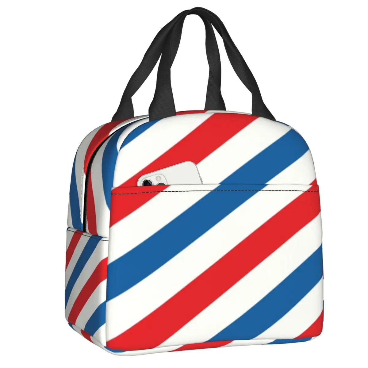 

Custom Classic Barber Pole Red Blue Stripes Lunch Bag Men Women Cooler Warm Insulated Lunch Box for Children School