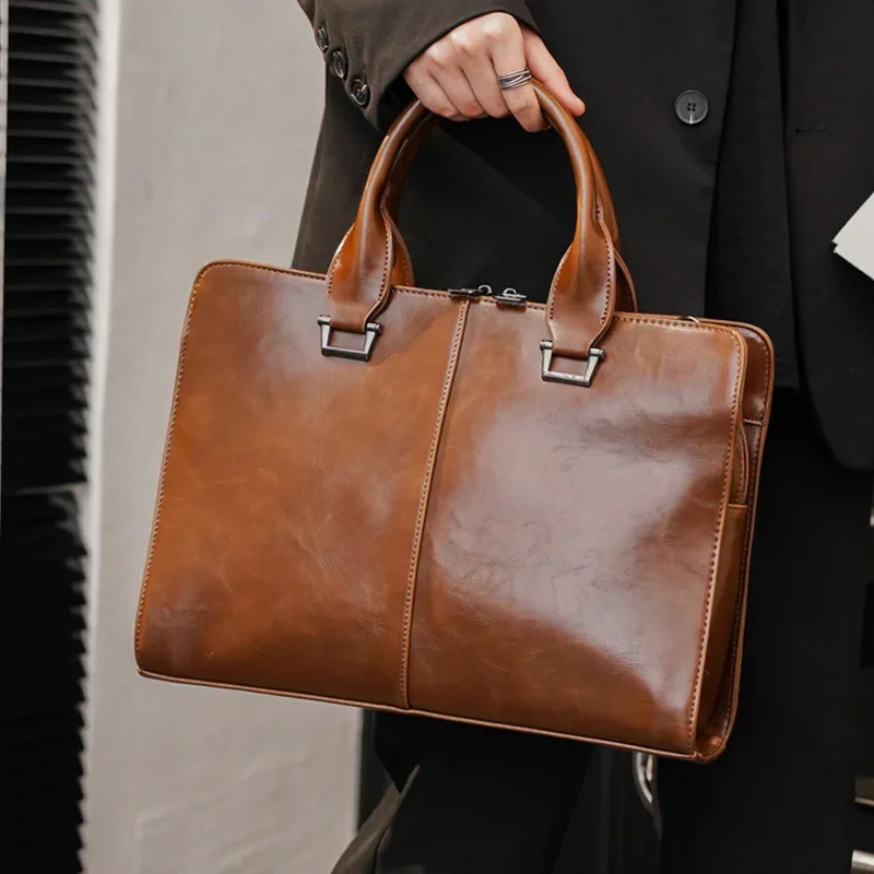 Luxe Zacht Lederen Heren Aktetas Grote Capaciteit Handtas Retro Tote Mannelijke Schouder Messenger Zakelijke Laptoptas