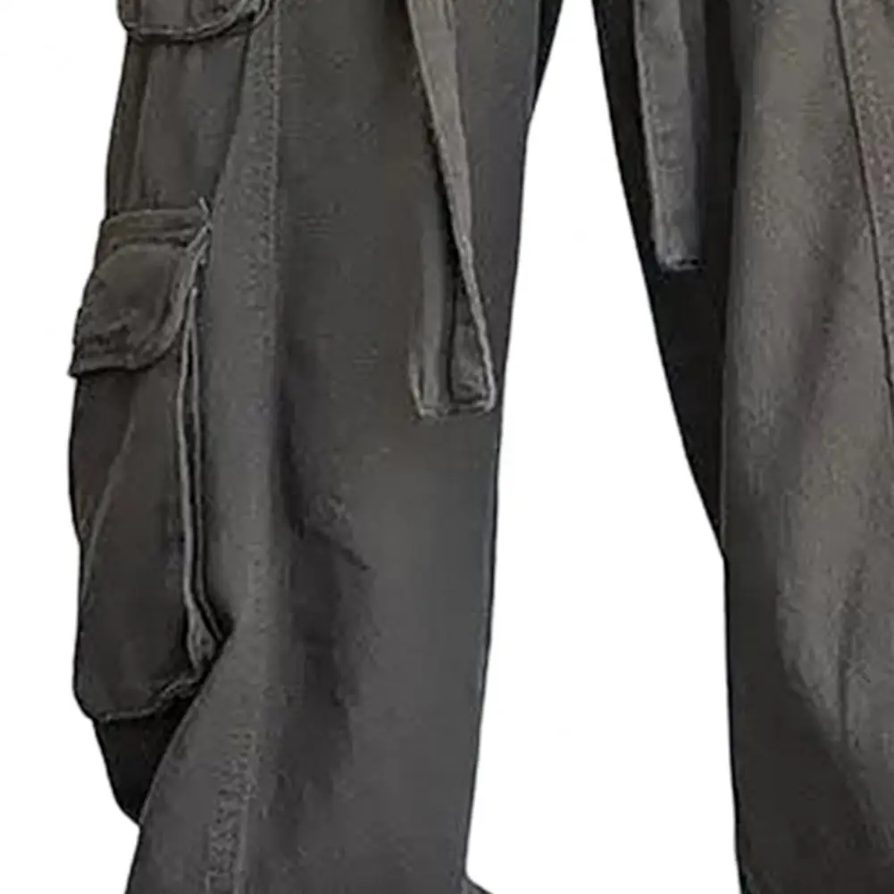 Multiple Pockets Zipper Button Placket Belt Men Pants Straight Wide Leg Solid Color Cargo Pants Streetwear