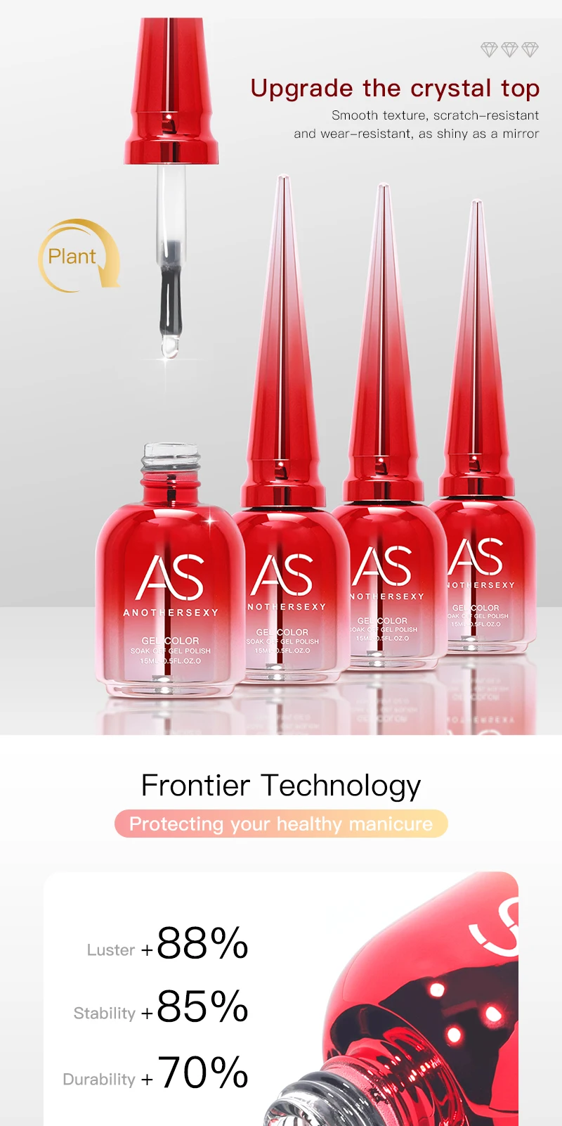 AS 15 ml Diamond Top Coat Gel-Nagellack, Soak Off UV-LED-Gel-Nagellack, kein Abwischen, hochglänzendes, gehärtetes Decklack-Gel – Detail 4