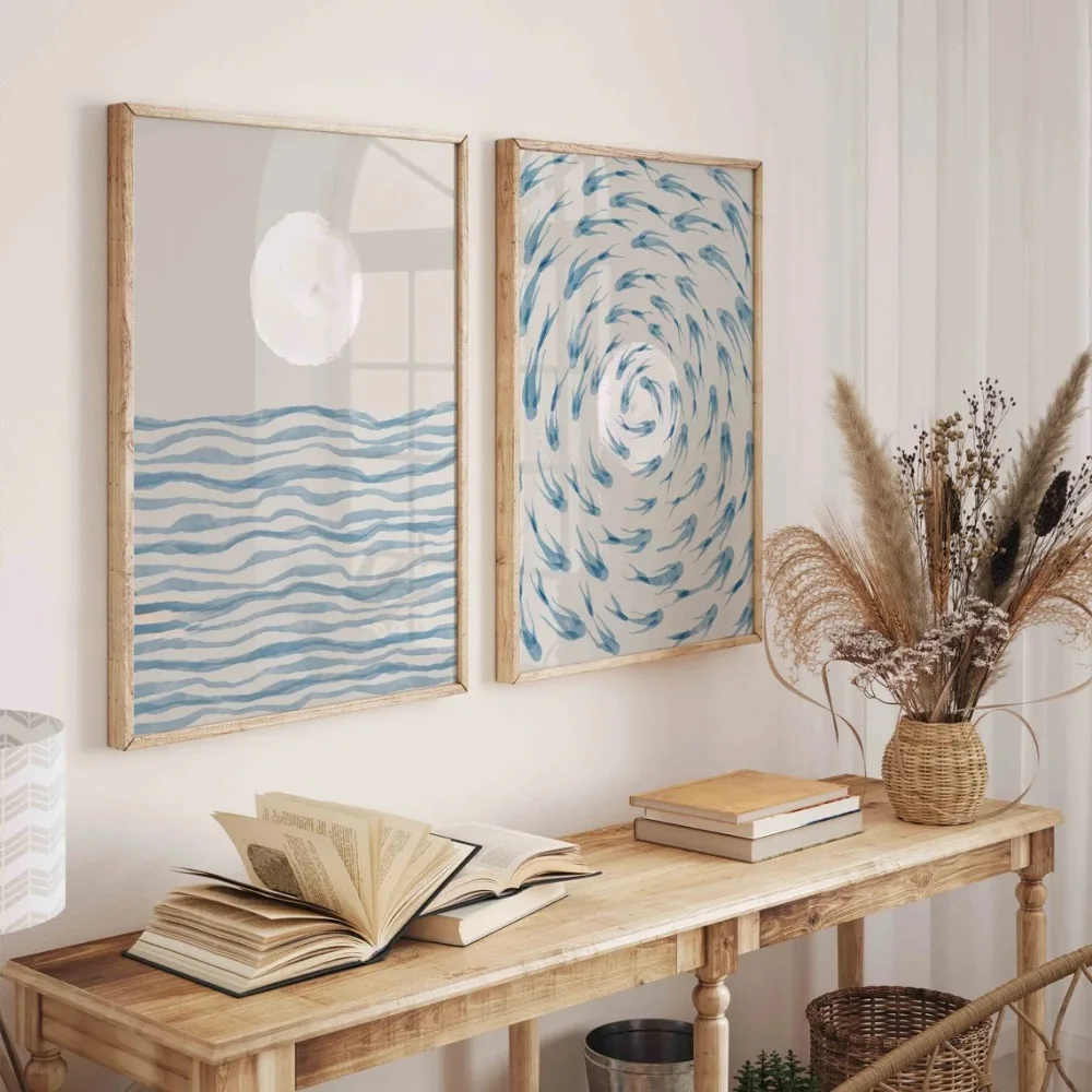 2pcs frameless Canvas Painting 2pcs Frameless,Featured Retro Posters,Canvas Paintings of Blue Ocean Sketches and Waves,Bohemian