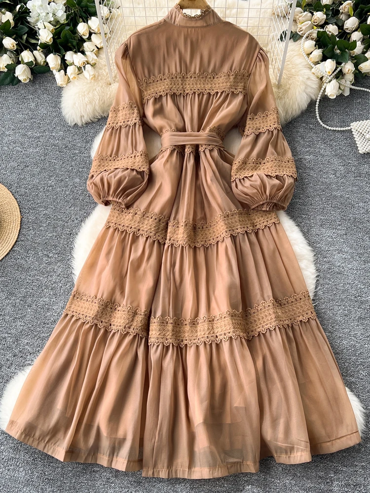 Luksusowa perłowa jednorzędowa długa koszulowa sukienka damska 2024 Jesień Vintage Koronkowe patchworkowe sukienki maxi z szarfami wiosna 4D122