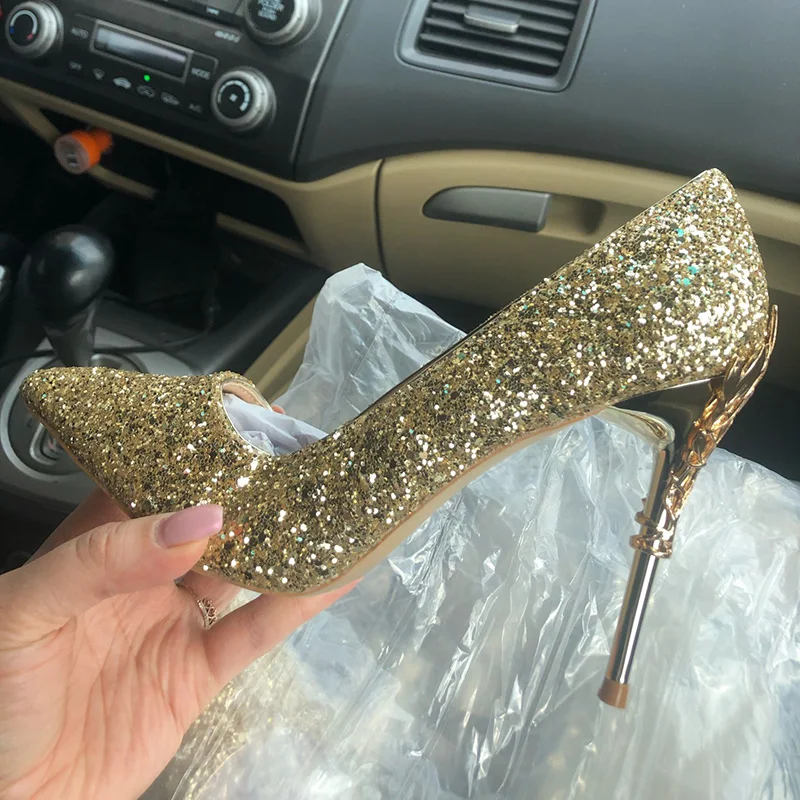 Women 9.5cm High Heels Pumps Lady Stiletto Wedding Bridal Gold Silver Heels Nightclub Office Party Sparkly Sequins Bling Shoes