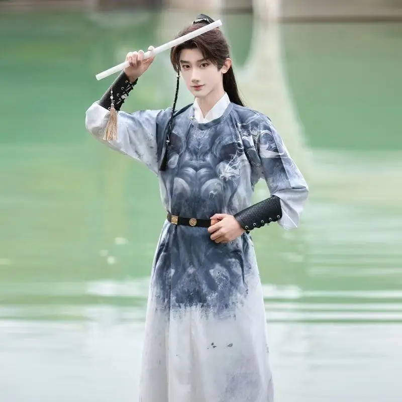 

Men's Tang Dynasty Hanfu Dress Classic Water Ink Paintings Round Neck Robe Vintage Carnival Party Event Fairy Printing Clothing