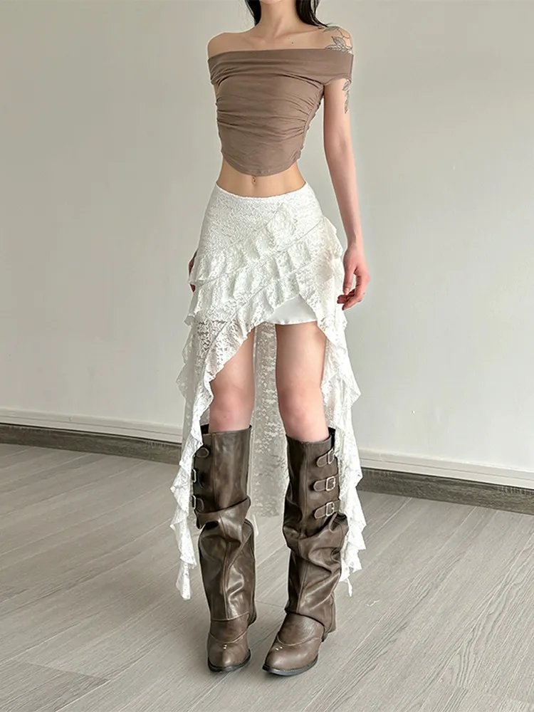 Seksowna spódnica z koronkowym wykończeniem, asymetryczna, z wysokim stanem, wyszczuplająca, w stylu koreańskim, do pracy, o kroju litery A, z poliestru.