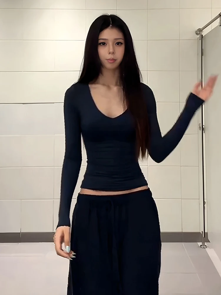 American Sle Hot Girl Long Sve V-Ne T-Shirt Damen Herbst New Slim Fit Elastic Base IRT Inner Wear Top Baumwollmischung