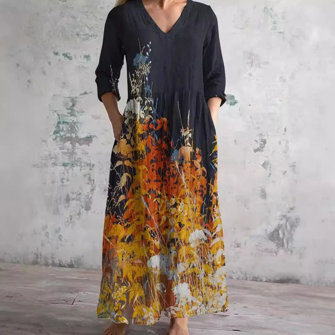 

Plant Print Long Dress V Neck Women Dress Long Sleeve Dresses Spliced High Waist Vestidos Vacation Beach Dress Versatile Robe