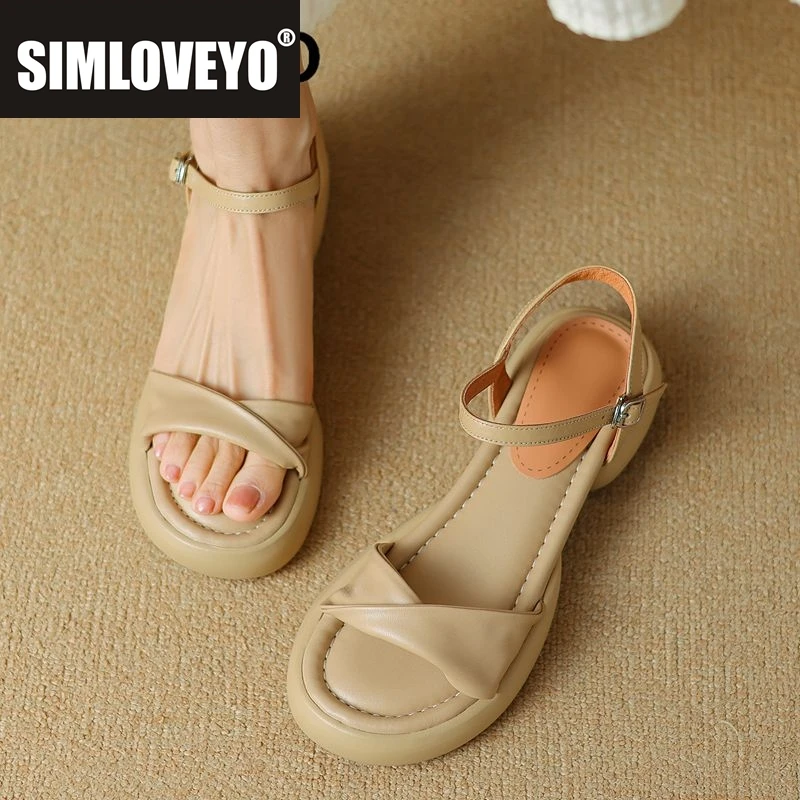 

SIMLOVEYO/Роскошные женские сандалии из мягкой натуральной кожи 2025 года, модная женская обувь для свиданий с круглым носком на толстом каблуке 4 см и пряжкой с ремешком 40