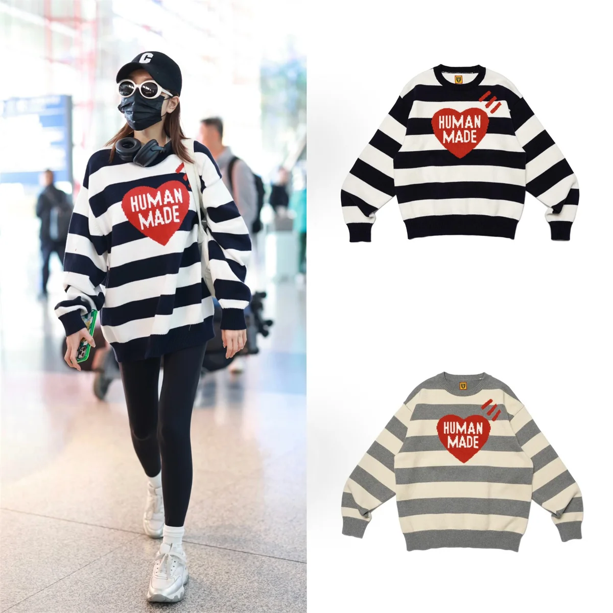 human made Striped Sweetheart Knit Sweater, 100% Cotton Unisex Pullover for Couples, Cozy Winter Wear