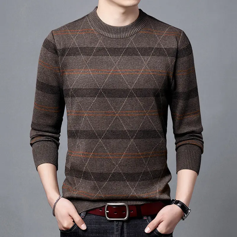 Autumn Winter Thicken Men Clothing Stripe Sweater Korean New Jacquard Long Sleeve Fashion Casual Knitted Pullover Bottoming Tops