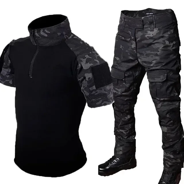 Zwarte Camo Trainingssets 1/4 Rits Combat Tops Tactische Pakken Wandelbroeken Heren Duurzame Shirts Meerdere Zakken Slijtvast