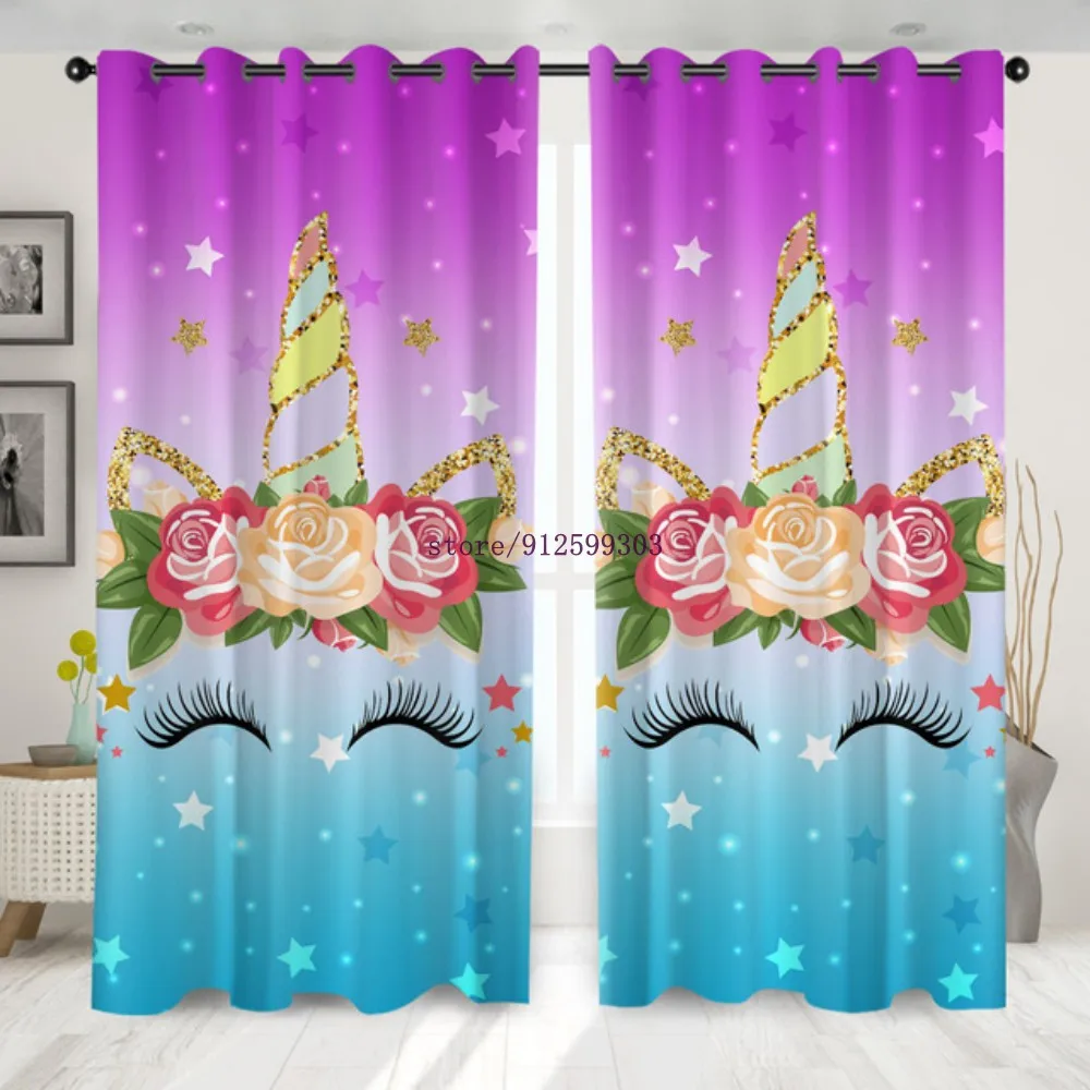 3D Cartoon Cute Expression Lace Unicorn  Printing Curtain Blackout Curtains for Kids Girls Bedroom Tatami Bed Living Room