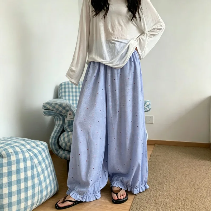 Koreanischer Stil Damen Herbst Schlafhose Blaue Polka-Dot-Print Weite Hose Lässige Damen Hauskleidung Pyjamahose